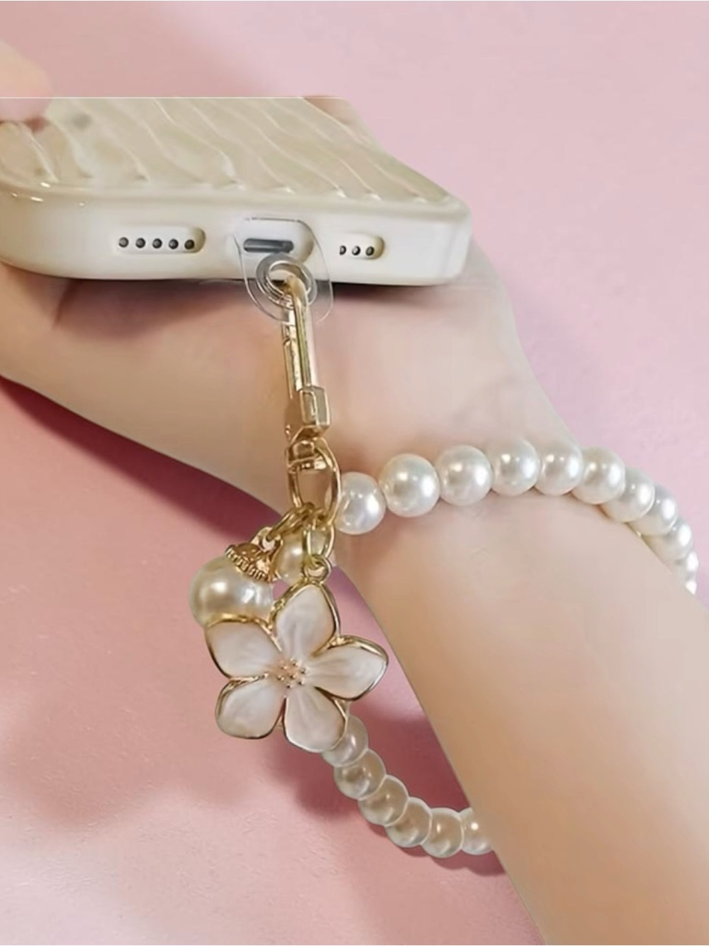 Pearl Beaded Phone Wrist Strap with Floral Charm - Gold Accent
